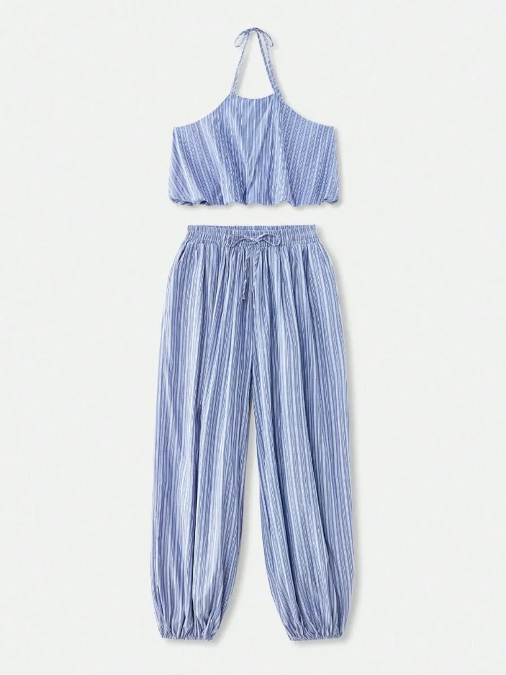 Blue Sexy Women's Matching Set Top and Pant with Halter Hem Striped Joggers
